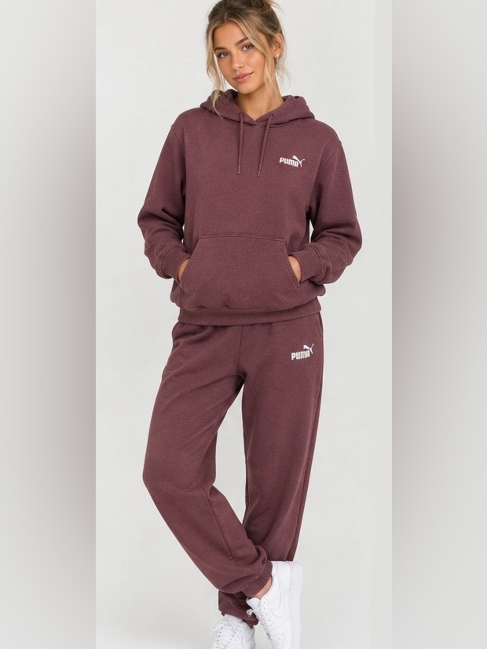 Puma Women’s Maroon/Burgundy Hoodie and Sweatpants Set with White Logo